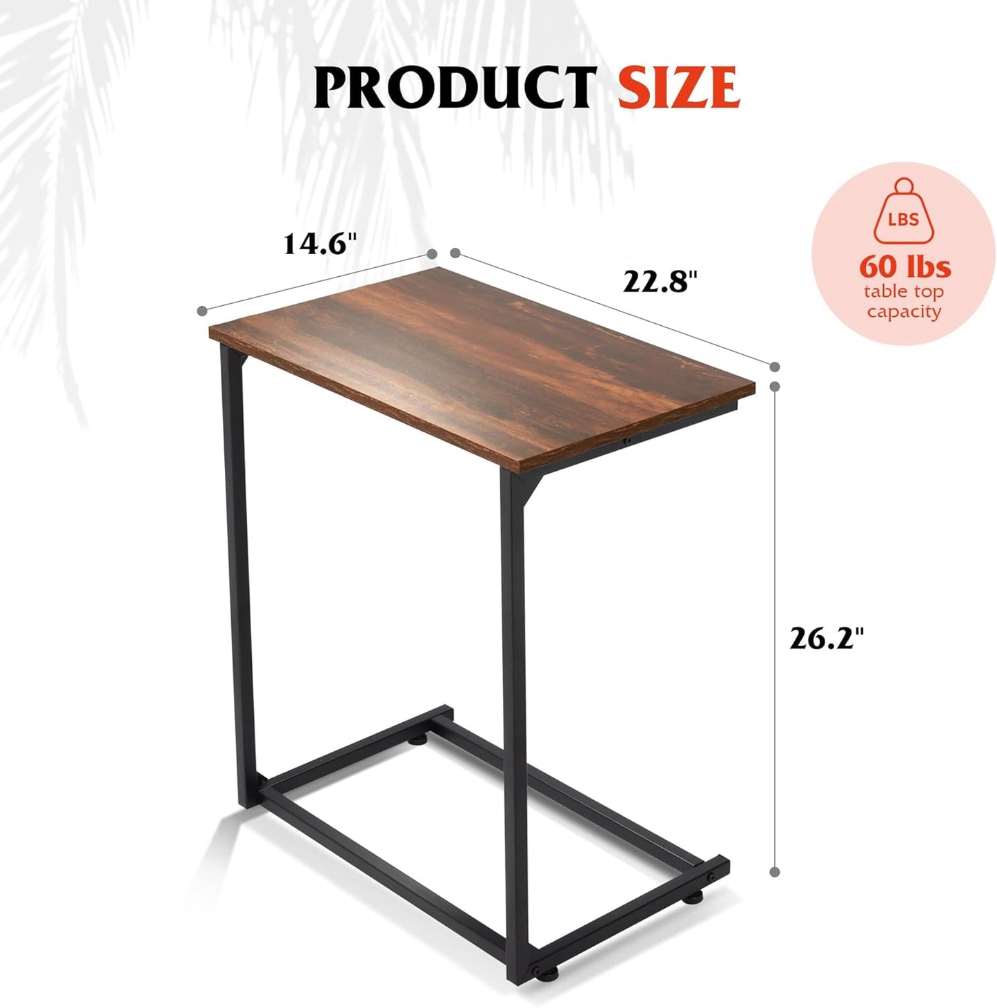 WLIVE C-Shaped End Table, Small Side Tables for Sofa, Wide Couch Table That Slide Under, Laptop Snack Table for Living Room, Bedroom, Home Office, Retro Brown