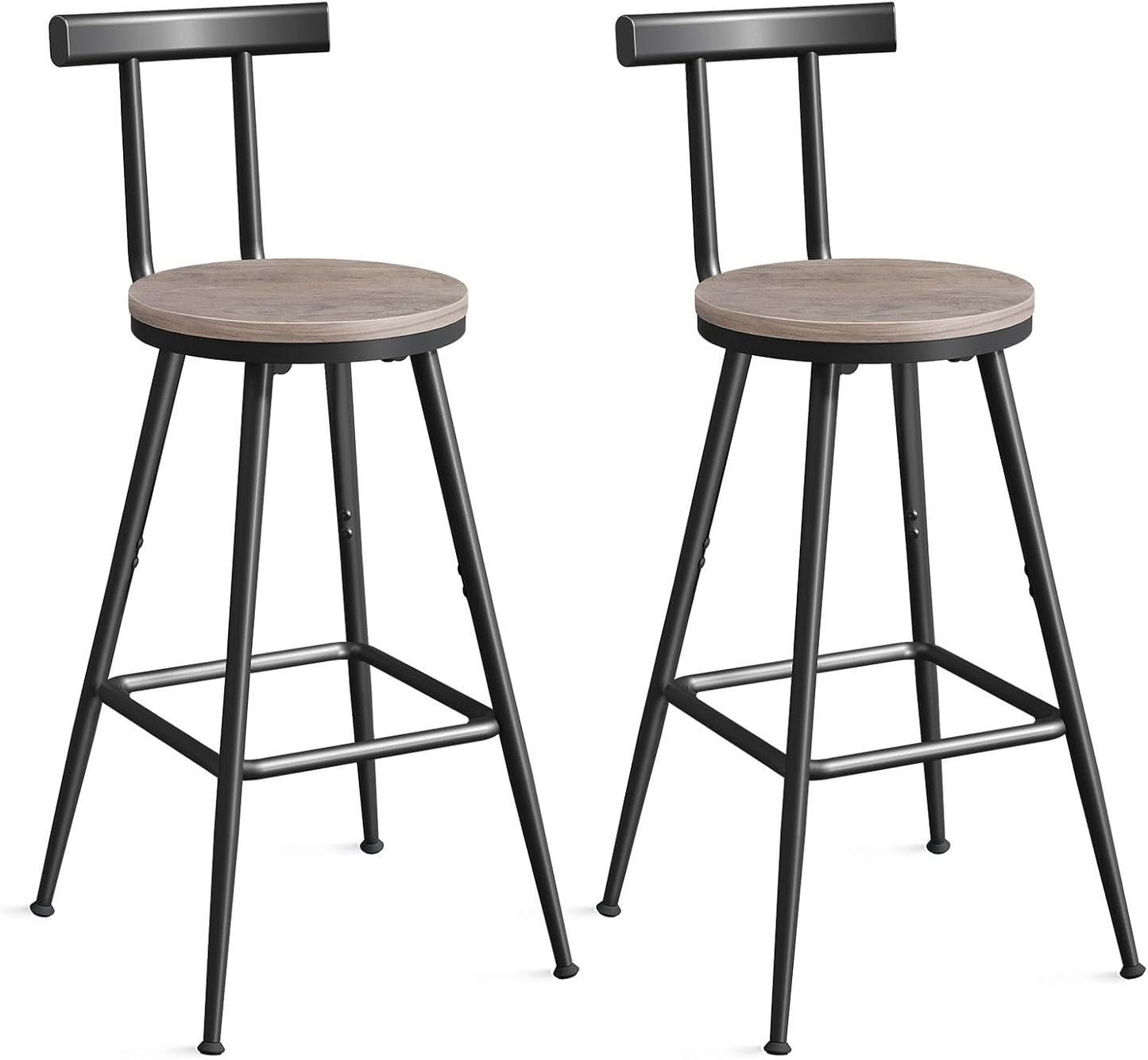 Bar Stools, Set of 2 Bar Chairs with Backrest and Footrest, 26" Tall Counter Stools, Metal Frame, Adjustable Feet, Easy Assembly, for Kitchen, Living Room, Pub, Greige BAHG6001