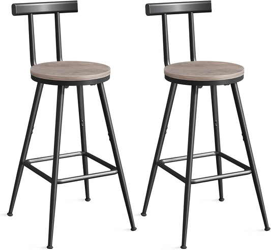 Bar Stools, Set of 2 Bar Chairs with Backrest and Footrest, 26" Tall Counter Stools, Metal Frame, Adjustable Feet, Easy Assembly, for Kitchen, Living Room, Pub, Greige BAHG6001