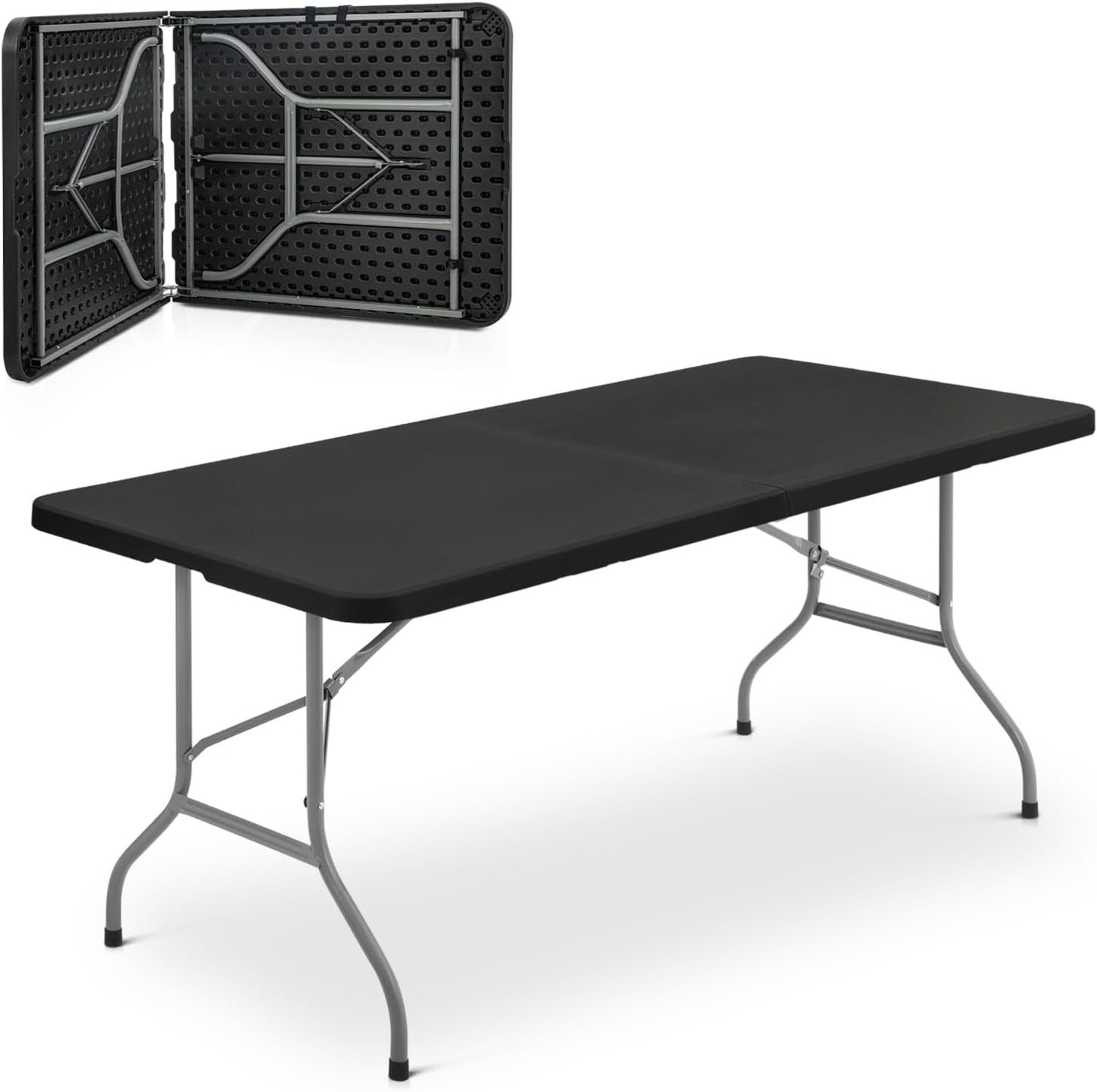 Athena Collection 6 ft Square Folding Dining Table, Large Plastic Foldable Table Portable with Carry Handle, Heavy Duty Fold-in-Half Utility for Indoor Outdoor Party Camping Picnic, Black