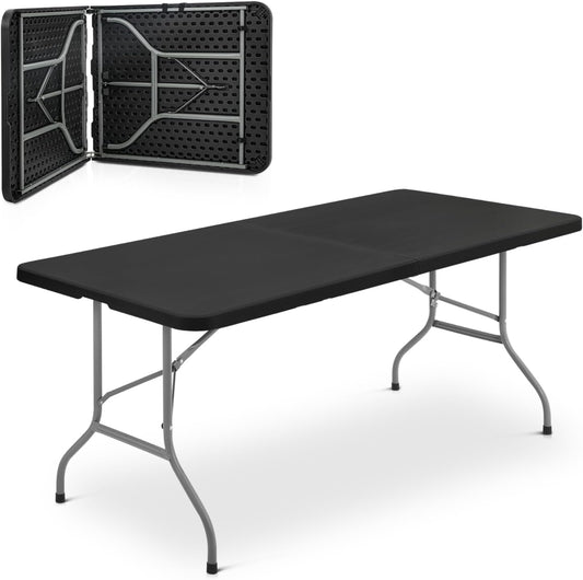 Athena Collection 6 ft Square Folding Dining Table, Large Plastic Foldable Table Portable with Carry Handle, Heavy Duty Fold-in-Half Utility for Indoor Outdoor Party Camping Picnic, Black