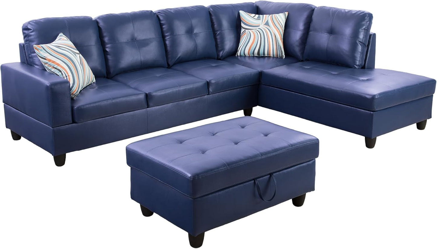 Couches for Living Room PU Leather L Shaped Couch Comfy 3 Pieces Sectional Sofa with Chaise, Ottoman with Storage for Office and Small Apartment, Blue