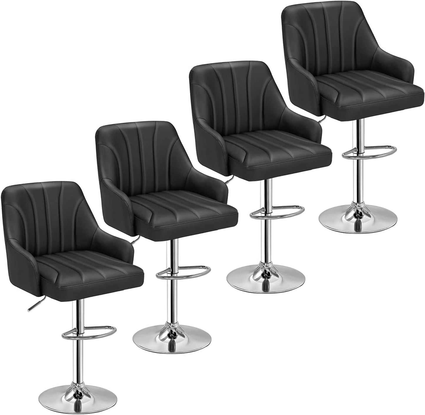 VECELO Bar Stools Set of 4, Adjustable Barstools, Counter Height Stools with Back and Arm, Kitchen Island Stools, Swivel PU Chairs for Pub, Dining Room, Modern Style, PU Black