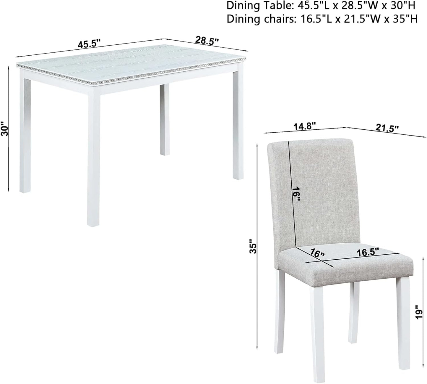 Dining Table Set for 4, 5-Piece Dining Room Table Set with Rectangular Crystal Decoration Table & 4 Upholstered Backrest Chairs, Counter Height Kitchen Sets with MDF Tabletop, White