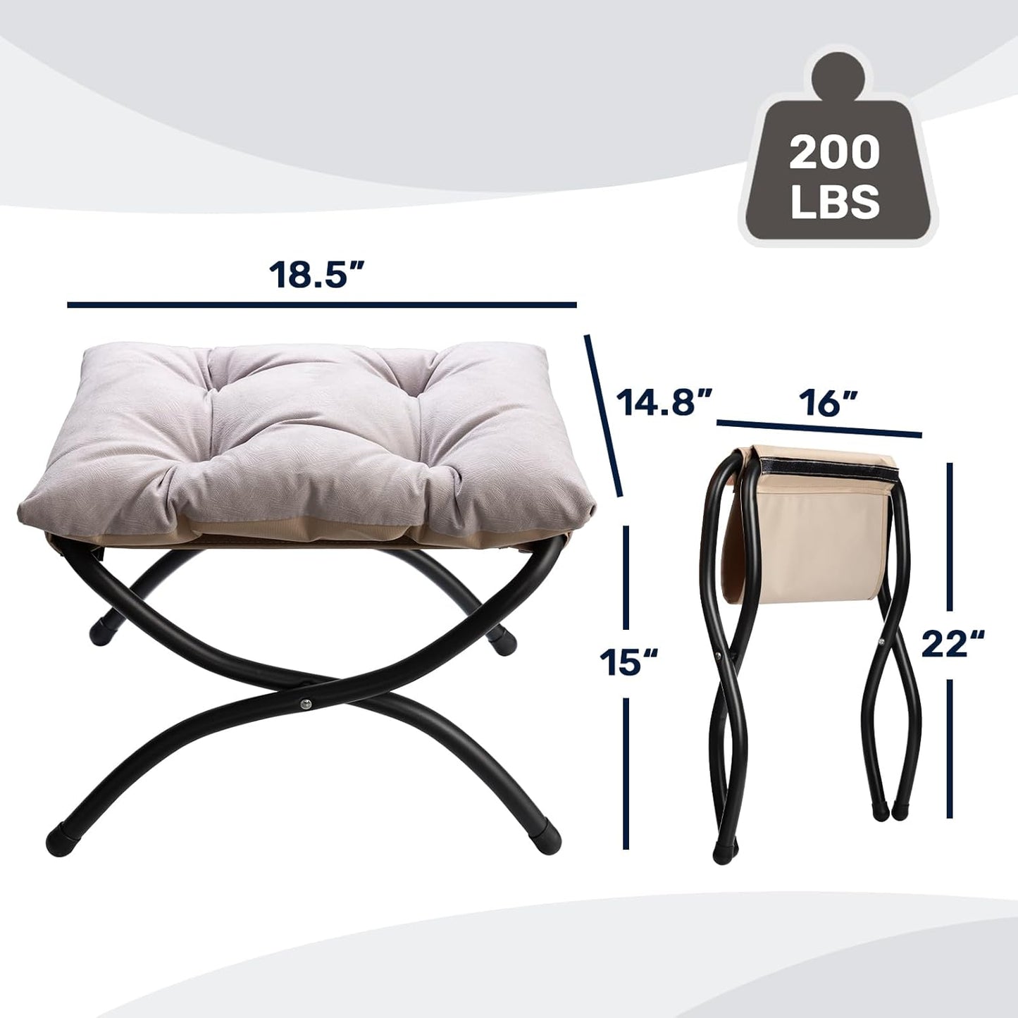 HollyHOME 15"(H) Folding Footrest Stool, Upholstered Small Foldable Ottoman, Accent Padded Sofa Foot Stool for Lazy Chair, Metal Frame Portable Foot Rest Ottoman for Home, Living Room, Bedroom, Grey