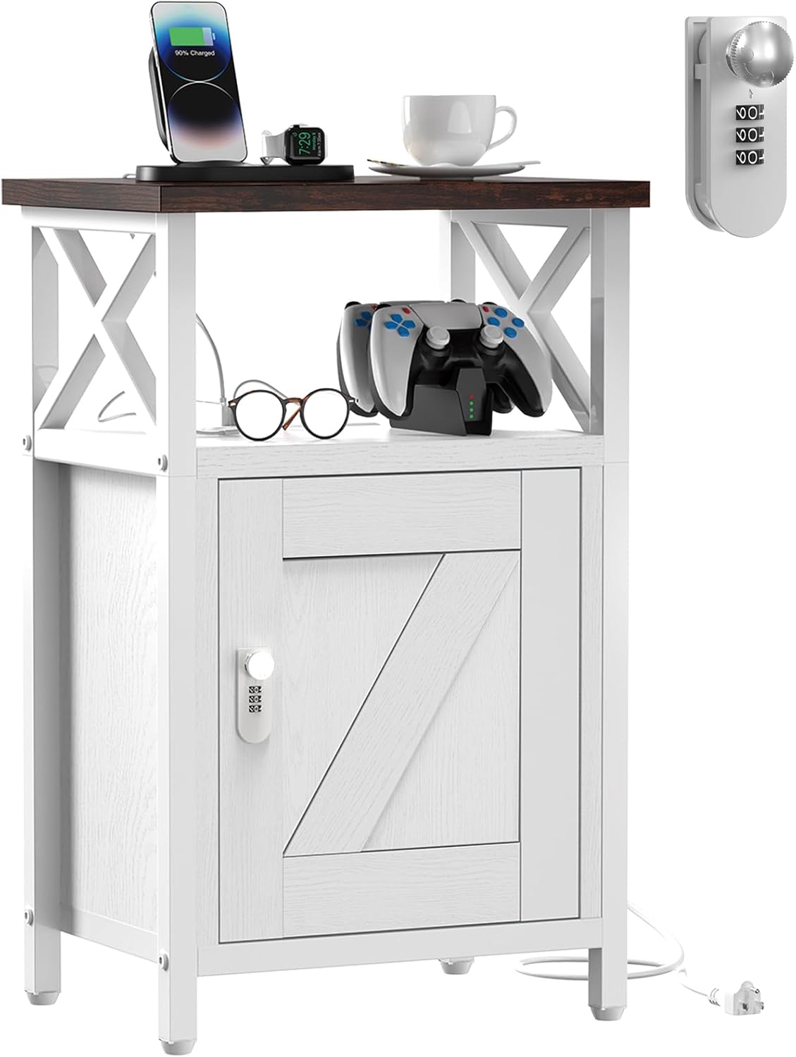 Wooden Nightstand with Lock, Bed Side Table with Drawers, Bedside Table with Charging Station, 3 USB & 2 Outlets, Night Stand with Storage, End Tables for Living Room, Bedroom, Dorm, Walnut