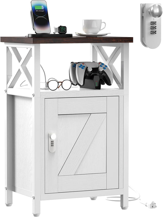 Wooden Nightstand with Lock, Bed Side Table with Drawers, Bedside Table with Charging Station, 3 USB & 2 Outlets, Night Stand with Storage, End Tables for Living Room, Bedroom, Dorm, Walnut