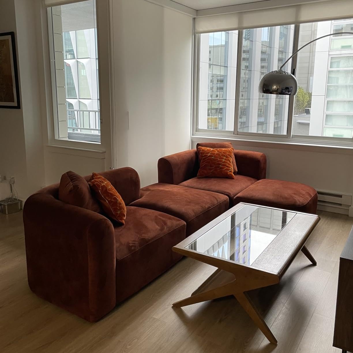 Acanva Luxury Modern Tight Curved Back Velvet Sofa, Minimalist Style Comfy Couch for Living Room Apartment, 4 Seater Modular Sectional, Tangerine