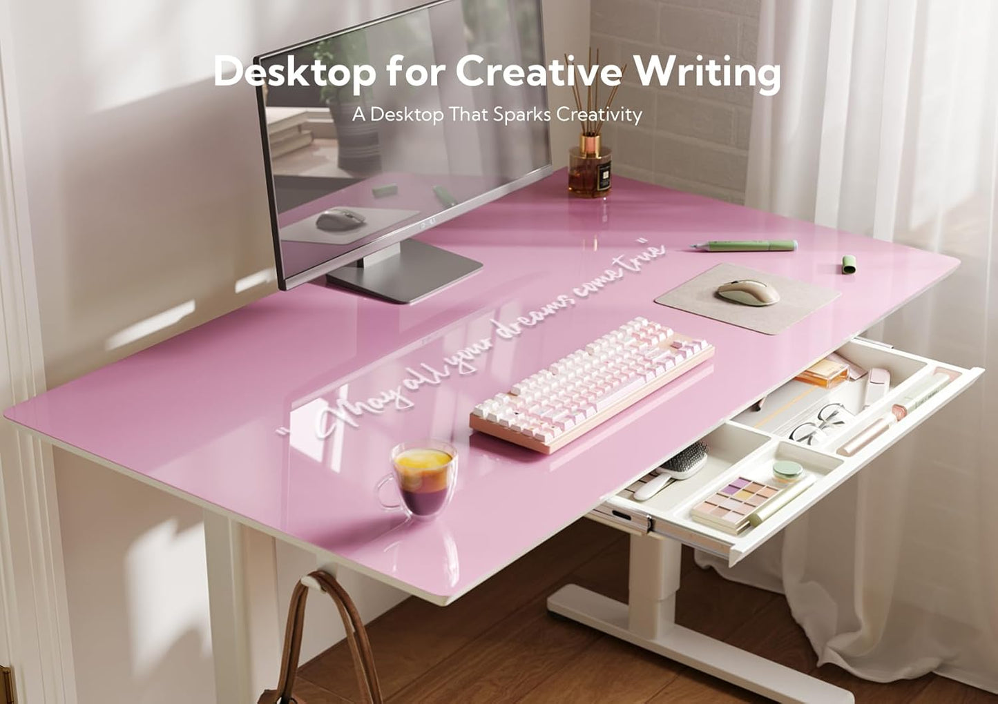 INNOVAR Glass Standing Desk with Drawers, Adjustable Height Stand Up Desk, Electric Standing Desks with Storage, 55 inch, Morandi Powder