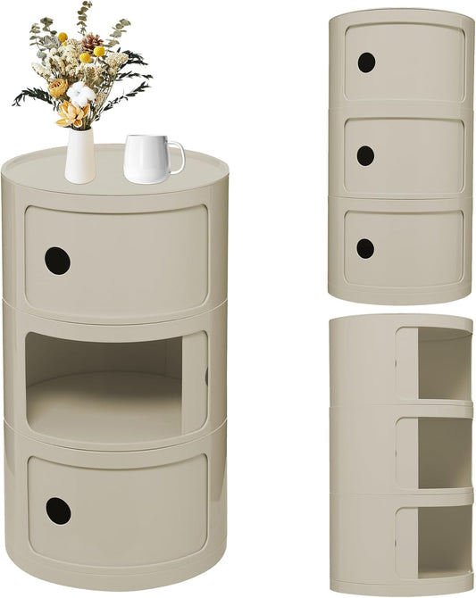 3 Tier Round with Storage, Modern Style Side Table, Multifunctional End Table Storage Cabinet for Living Room, Bedroom, Bathroom (Beige)