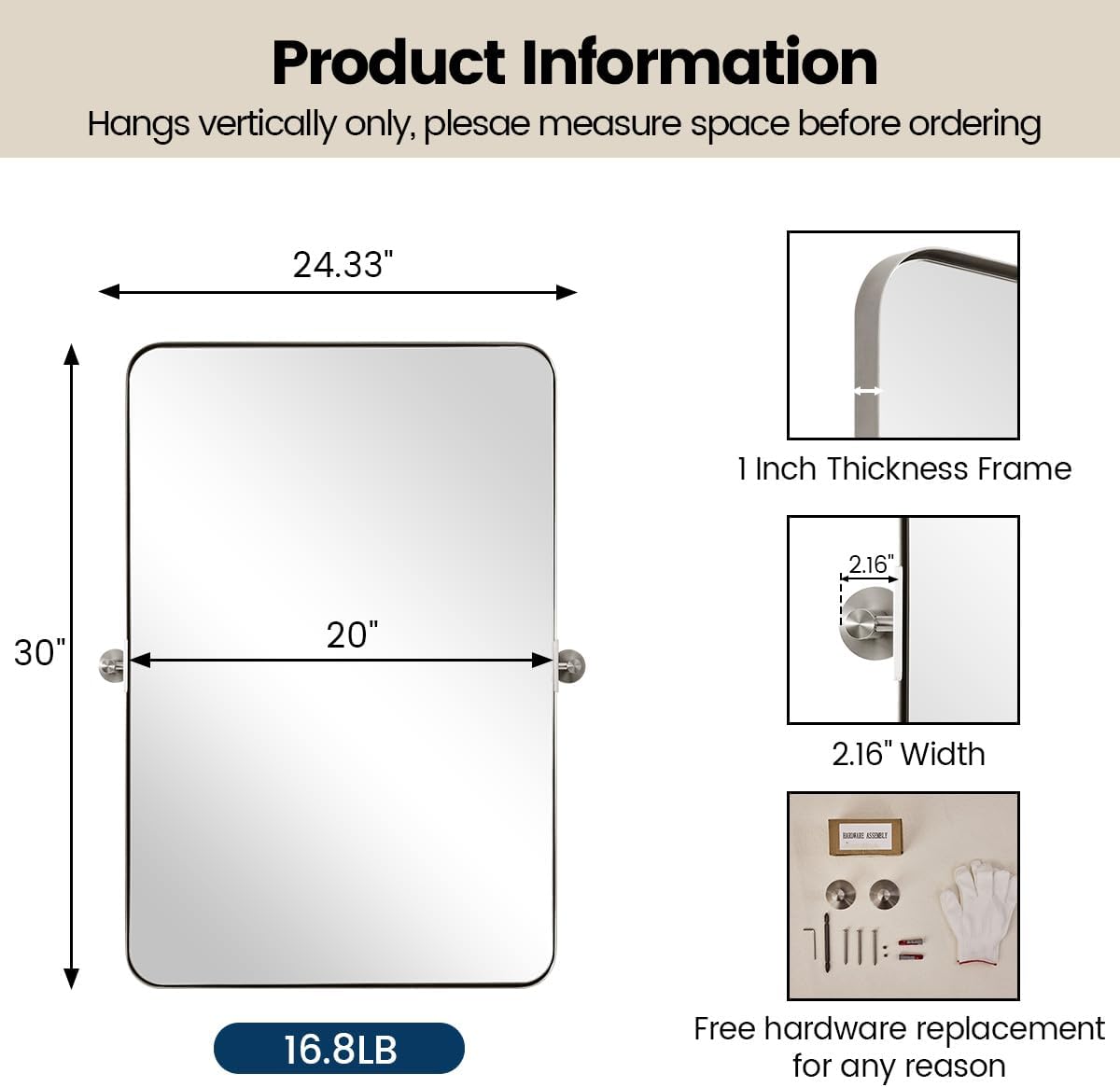 MOON MIRROR Brushed Nickel Pivot Mirror for Bathroom, Tilt Rounded Rectangle Bathroom Vanity, Overall 24.33 x 30 in (Mirror 20x 30 in)