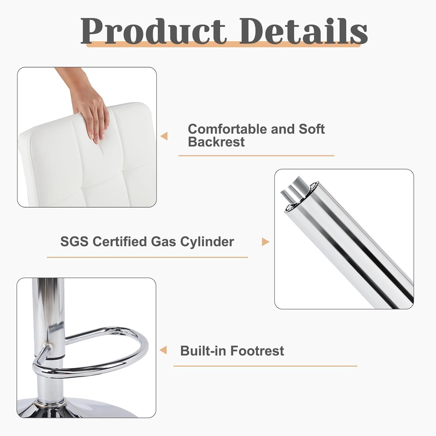 Sweetcrispy Bar Stools Set of 2, Armless PU Leather Adjustable Swivel Barstools, Hydraulic Kitchen Counter Height Thickened Seat Cushion Square Island Countertop Chairs with Back - White