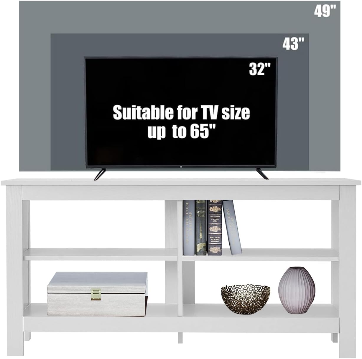 43 Inches TV Stand,Mid Century Modern Entertainment Center with 4 Open Shelves Farmhouse TV Media Console Table for Living Room,Bedroom,Television Stand up to 50 Inches(White)