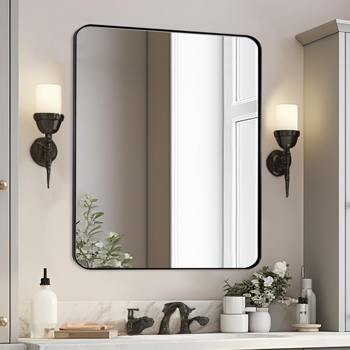 Black Mirrors for Bathroom, 30"x36" Rounded Corner Rectangle Mirror, Modern Metal Frame Bathroom Vanity Mirror for Home Decor Living Room Entryway (Horizontal/Vertical)