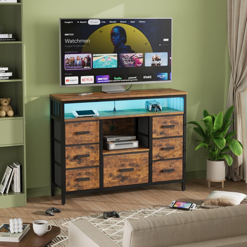 7 Drawer Dresser TV Stand with Power Outlets and LED Lights, Entertainment Center with Open Shelf, Media Console for 50“ TV, Dresser for Bedroom (Brown)