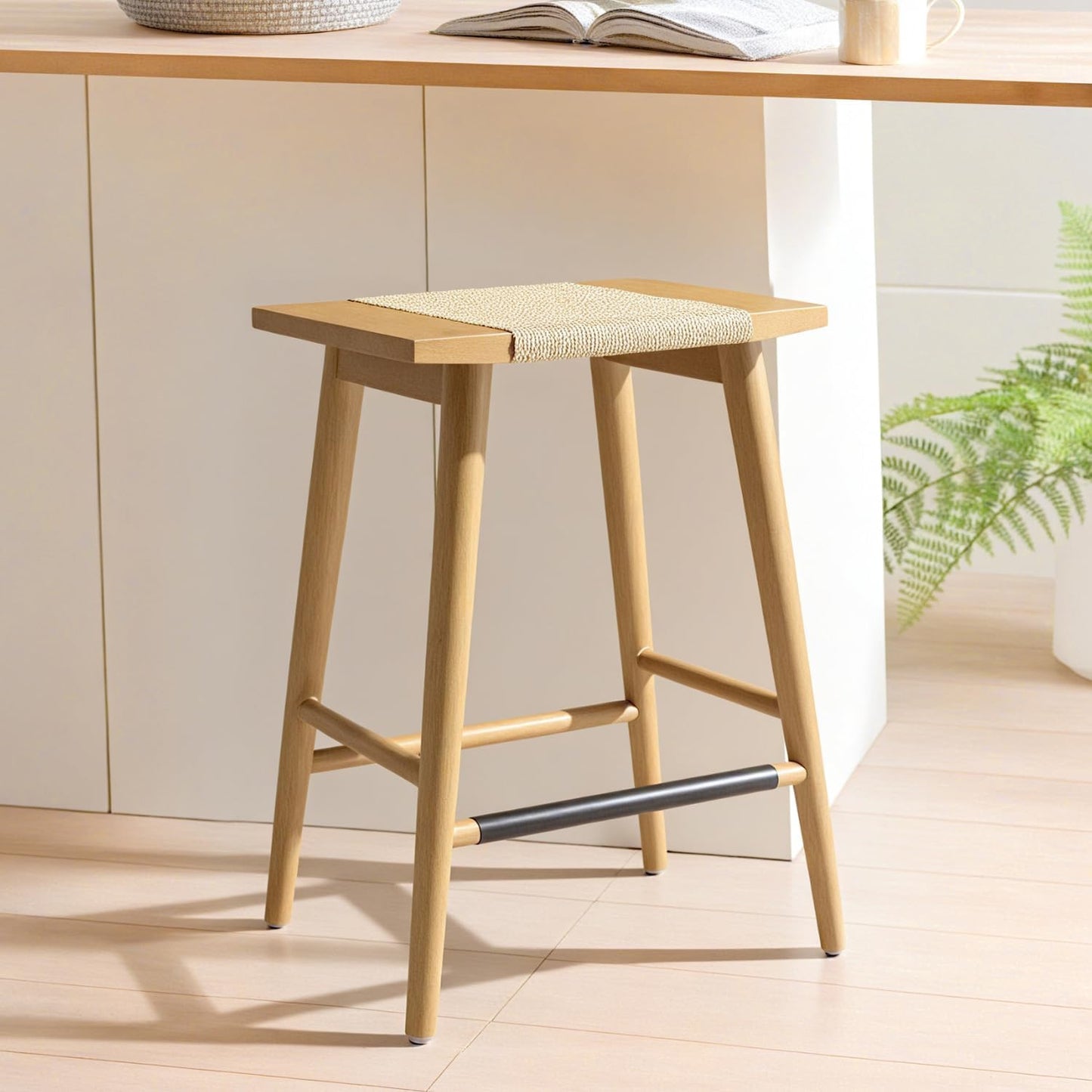 Thor Wicker Counter Height Wooden Counter Stool with Hand-Knitted Rope, K/D, Backless Island 24" Wicker Stool for Kitchen, Solid Wood, Eco-Friendly, Modern Design (Light Brown)