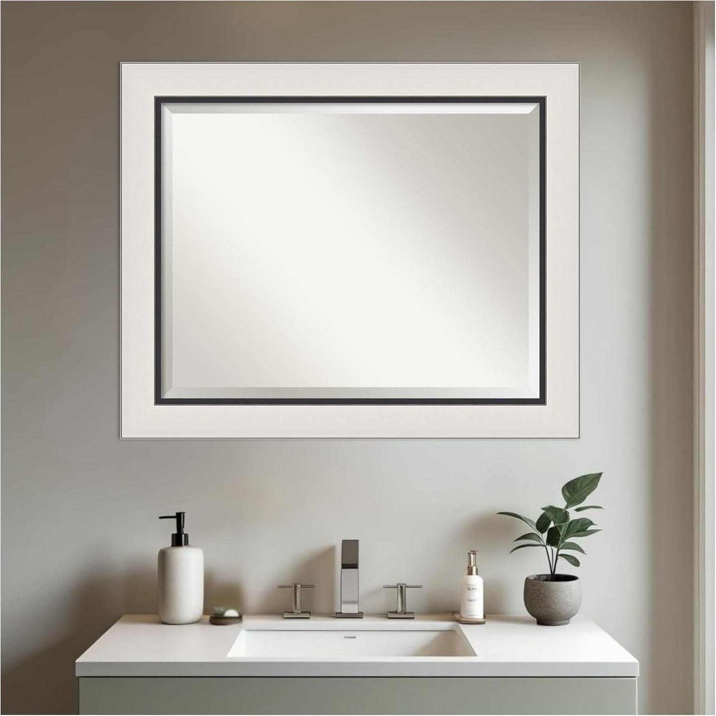 Amanti Art Silver Bathroom Mirror for Over Sink, 28x34 Ellie Silver Black Rectangle Vanity Mirror, Large Modern Contemporary Frame, Hangs Horizonally and Vertically, Bathroom Wall Decor, Beveled Edge