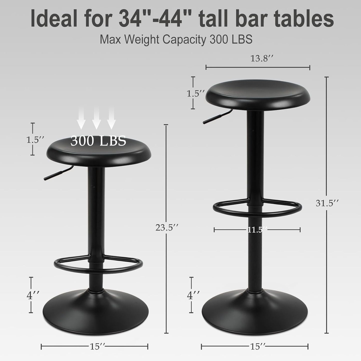 Bar Stools - 2 Pack, Adjustable Swivel Height Counter Bar Stool, Modern Metal Barstools, Backless Barstool for Bar, Kitchen Island, Pub, Black