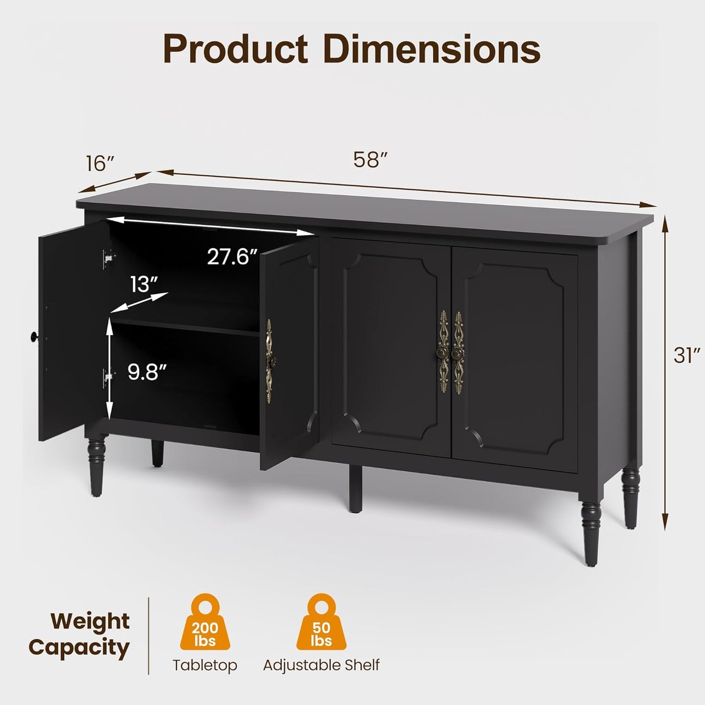 Console Cabinet, 58'' Mid Century Modern Pantry Sideboard, Wood Buffet Cabinet, Media Cabinet with 4 Doors, Accent Cabinet for Entryway, Living Room, Dining Room (Black)