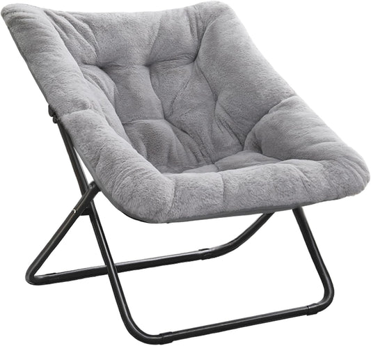 Tiita Comfy Saucer Chair, Soft Faux Fur Oversized Folding Accent Chair, Lounge Lazy Chair for Kids Teens Adults, Metal Frame Moon Chair for Bedroom, Living Room, Dorm Rooms, X-Large, Grey
