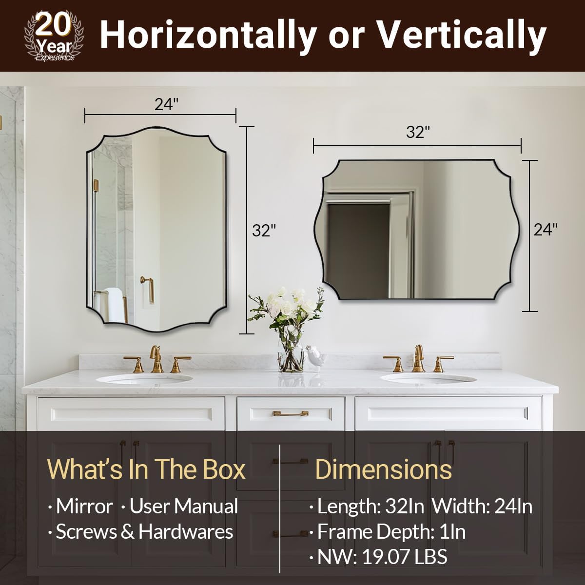 ANDY STAR Matte Black Bathroom Mirror, 24x32 Inch Scalloped Mirror for Bathroom, Black Irregular Mirror in Premium Stainless Steel 1“ Frame, Unique Wavy Shape, Italian Style