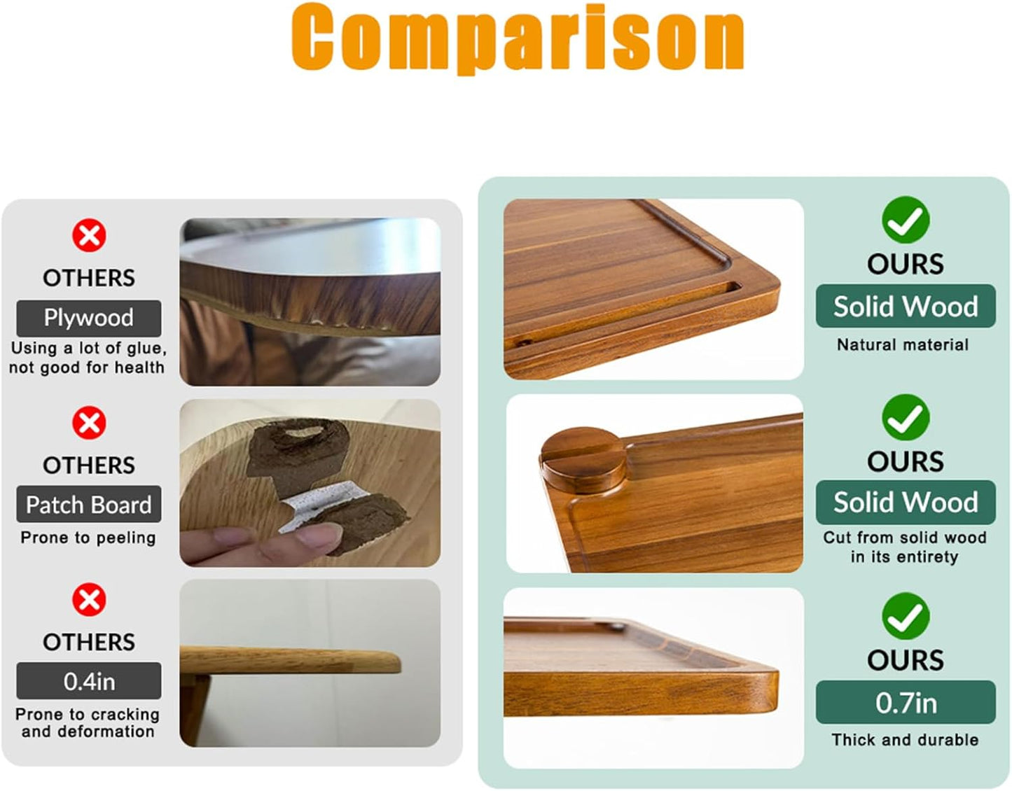 Solid Wood Acacia Wood Couch Table,360° Swivel Height Adjustable C Table with Phone & Tablet Stand,TV Trays for Eating on Couch, Bedroom or Livingroom, Oblong.