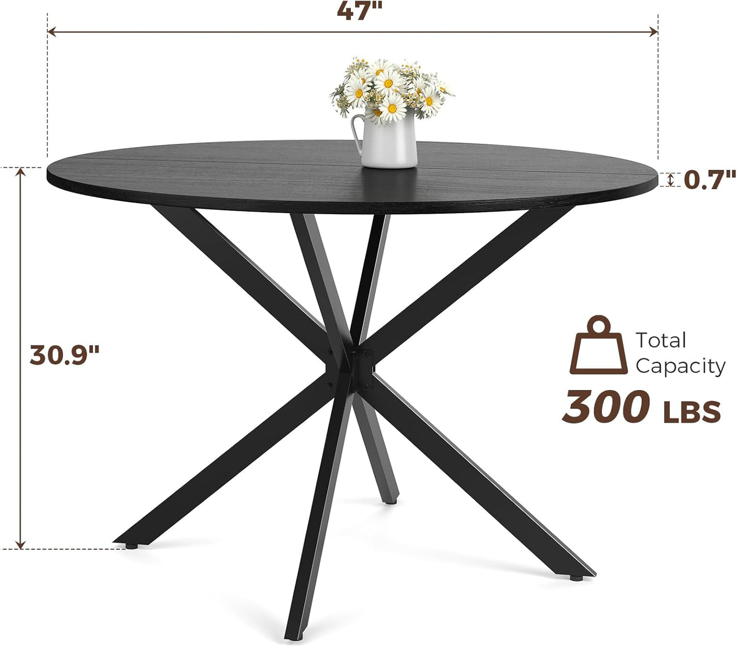 Unovivy 47" Round Dining Table for 4-6, Space Saving Circle Kitchen Dinner Table, Industrial Mid Century Modern Dining Room Desk for Kitchen, Apartment, Black
