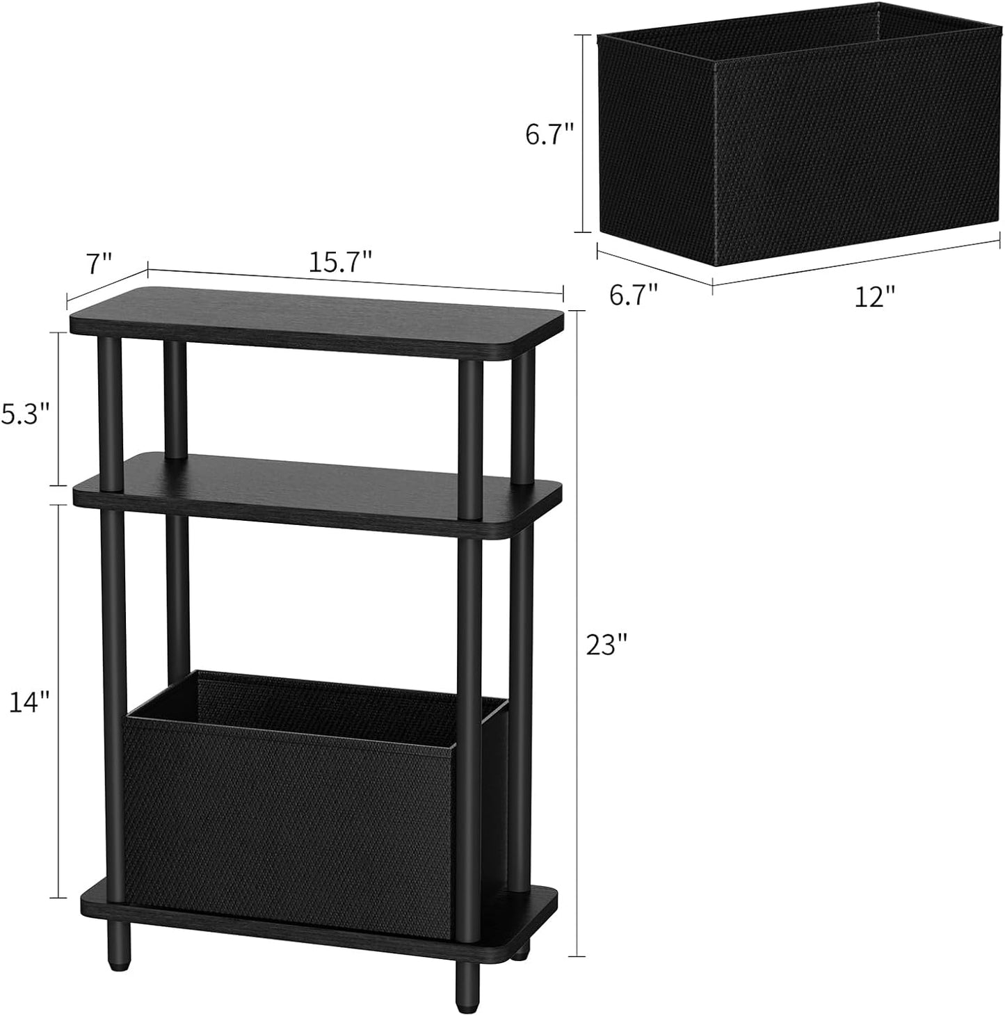 Narrow Side Table with Fabric Basket, 7" Wide, 3 Tier Skinny End Table with Wood Legs, Slim Nightstand/Bedside Table for Small Spaces, with Adjustable Feet, 15.7" L x 23" H