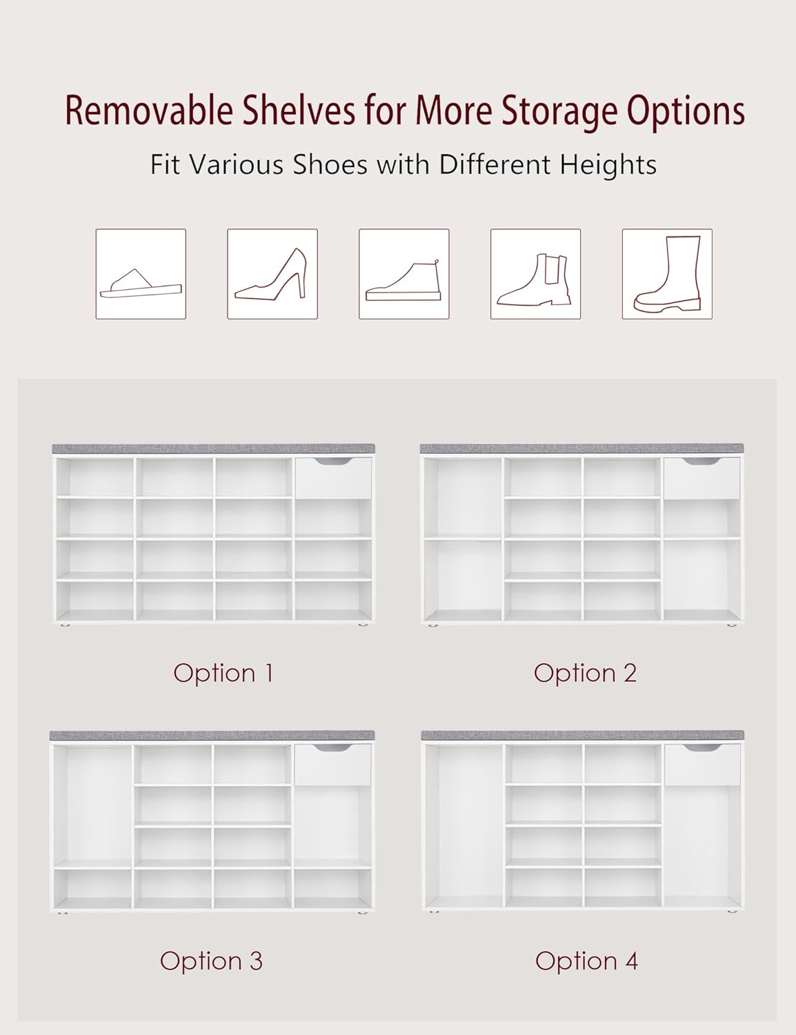 DINZI LVJ Shoe Bench, Entryway Storage Bench with Drawer and 15 Cubbies, Cubby Shoe Rack with Adjustable Shelves, Shoe Organizer Cabinet for Living Room, Bedroom, Mudroom, Closet and Garage, White