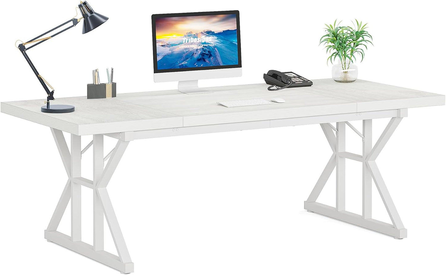 Tribesigns 70.8-Inch Executive Desk, Large Computer Office Desk Workstation, Modern Simple Style Laptop Desk Study Writing Table Business Furniture for Home Office (White, 70.8 Inch)