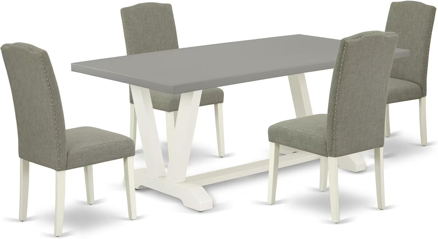 East West Furniture V097EN206-5 5 Piece Dining Table Set Includes a Rectangle Dining Room Table with V-Legs and 4 Dark Shitake Linen Fabric Upholstered Chairs, 40x72 Inch, Multi-Color