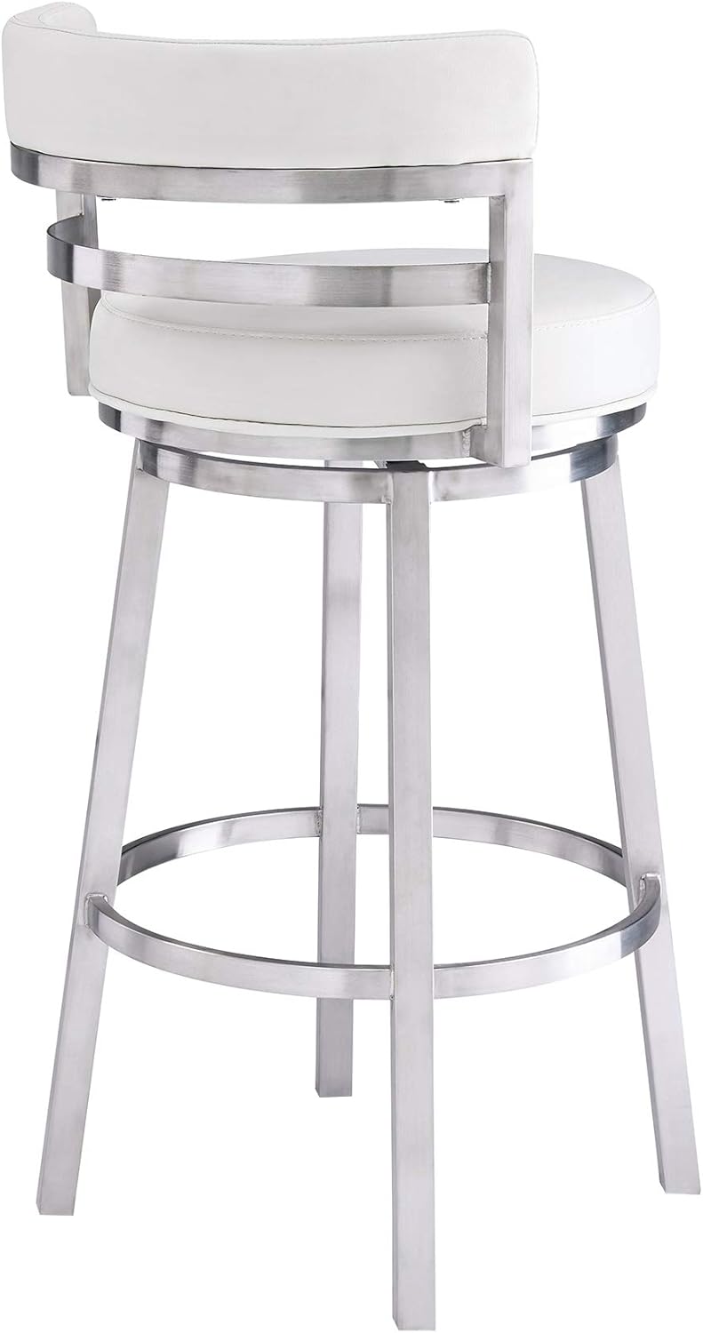 Armen Living Titana 30" Bar Height Swivel White Faux Leather and Brushed Stainless Steel Bar Stool