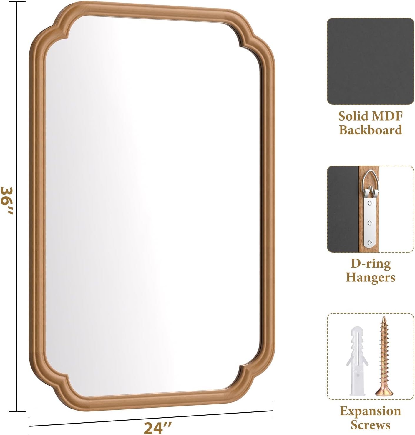 Wood Bathroom Mirror for Wall Mounted, 24" x 36" Rustic Bathroom Mirror for Over Sink with Wood Frame Farmhouse Rounded Corner Rectangle Mirror Decorative(Natural Color)