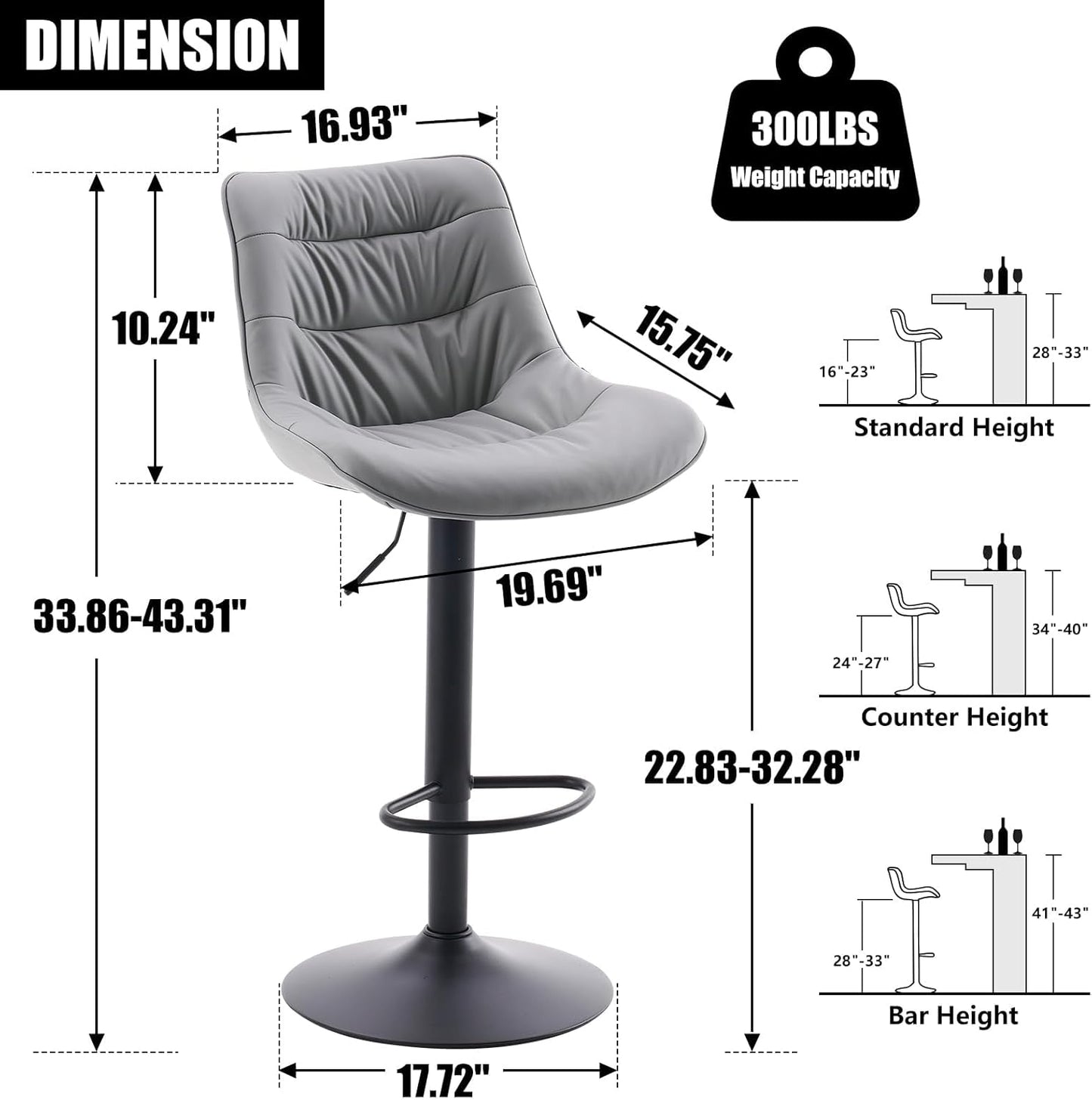 Kidol & Shellder Bar Stools Set of 2 Adjustable Swivel Gray, PU Leather Upholstered with Back, Modern Counter Height Stools for Kitchen Island, Home Bar