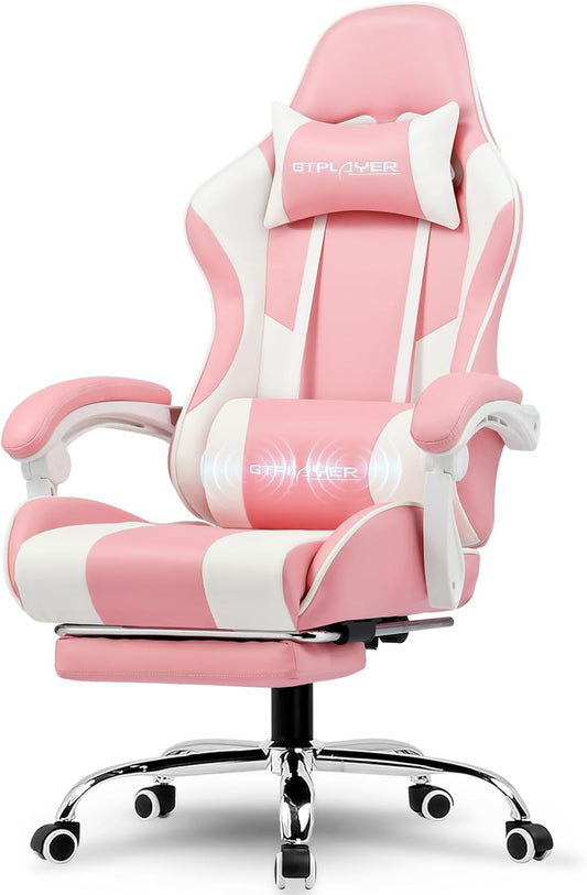 GTPLAYER Gaming Chair, Computer Chair with Footrest and Lumbar Support, Height Adjustable Game Chair with 360°-Swivel Seat and Headrest and for Office or Gaming (Faux Leather, Pink)