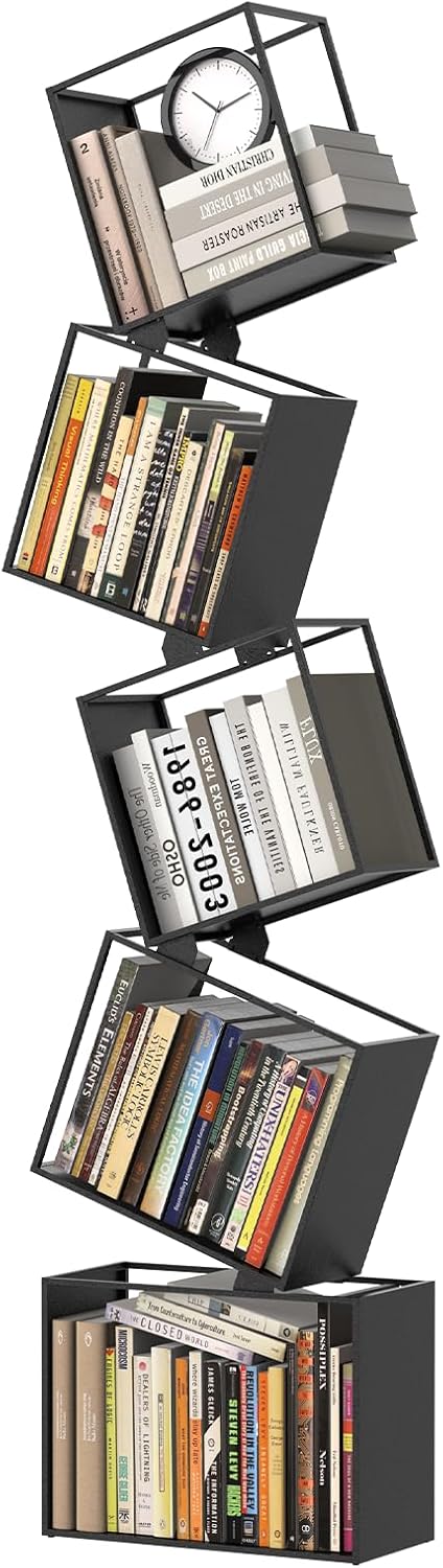 5-Tier Metal Geometric Bookshelf – Modern Narrow Floor Bookcase, Space-Saving Organizer for Living Room, Bedroom, Office, Corner – Black