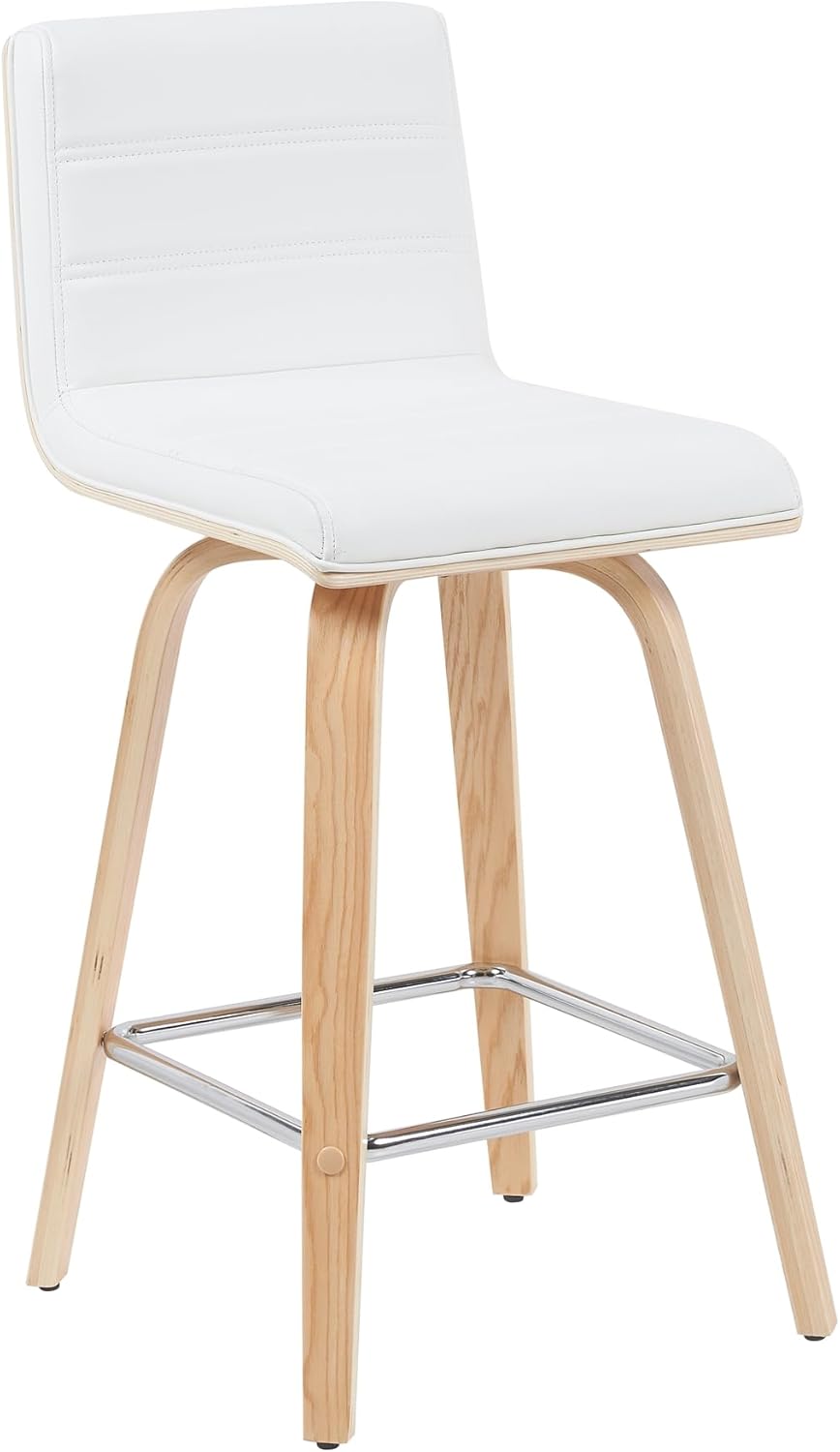 Vienna Modern Counter Height Swivel Bar Stool with White Faux Leather Seat and Patterned Oak Wood Frame Set of 2