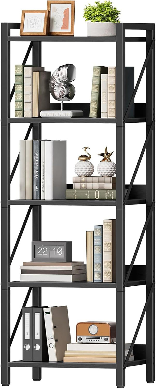 HOOBRO Bookshelf, 5-Tier Industrial Bookcase, Book Shelf Storage Organizer, Tall Bookshelf with Metal Frame for Living Room, Bedroom, Home Office, Kitchen, Black BB73SJ01