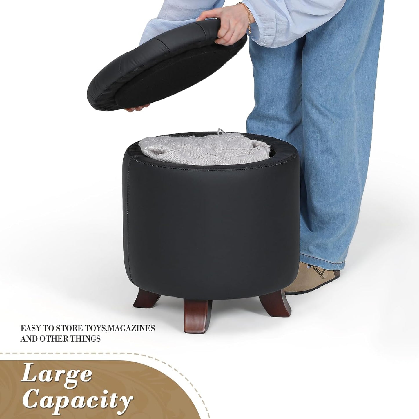 Athena Collection 15 Inch Small Ottoman with Storage, Round PU Leather Storage Ottoman Foot Rest with Removable Lid, Multipurpose Footstool Footrest for Living Room, Bedroom, Dorm, Black