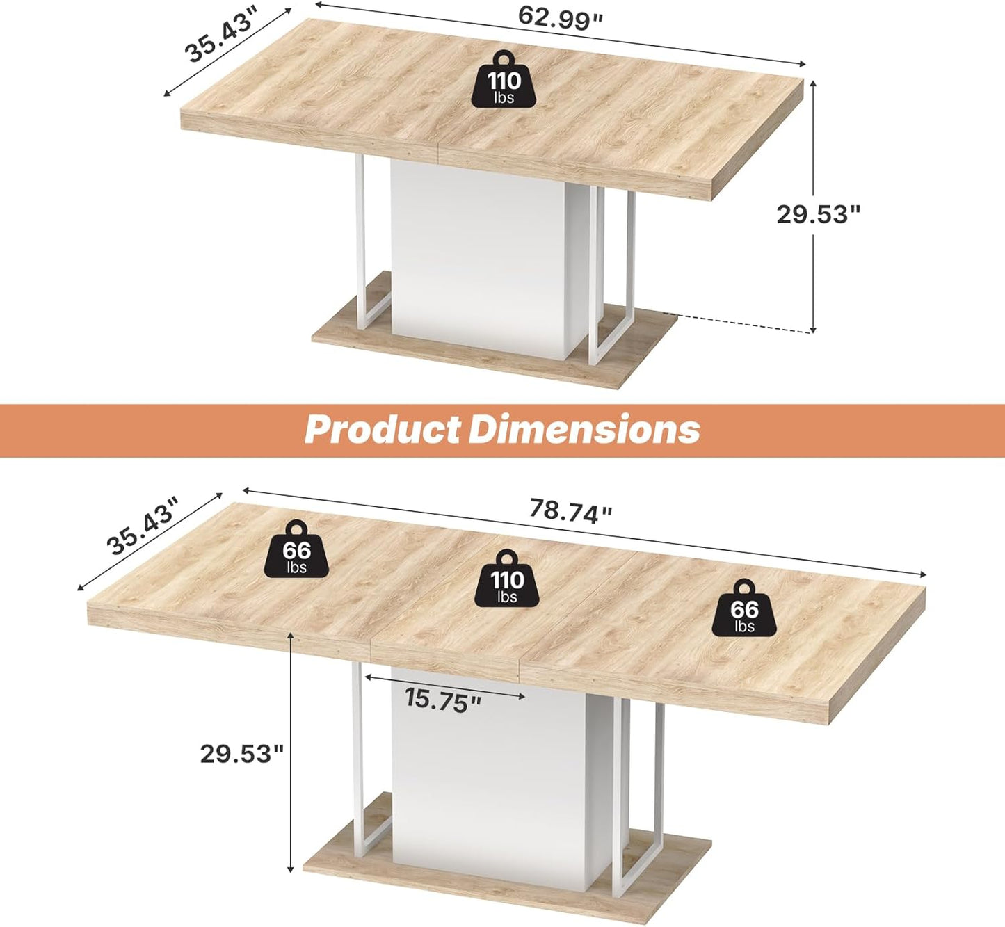 63"-78.7" Expandable Dining Table, 6-10 Farmhouse Kitchen Table, Extendable Dining Room Tables, Rectangular Table with Metal Track, Stable Central Column Base for Living Room, Home-Oak