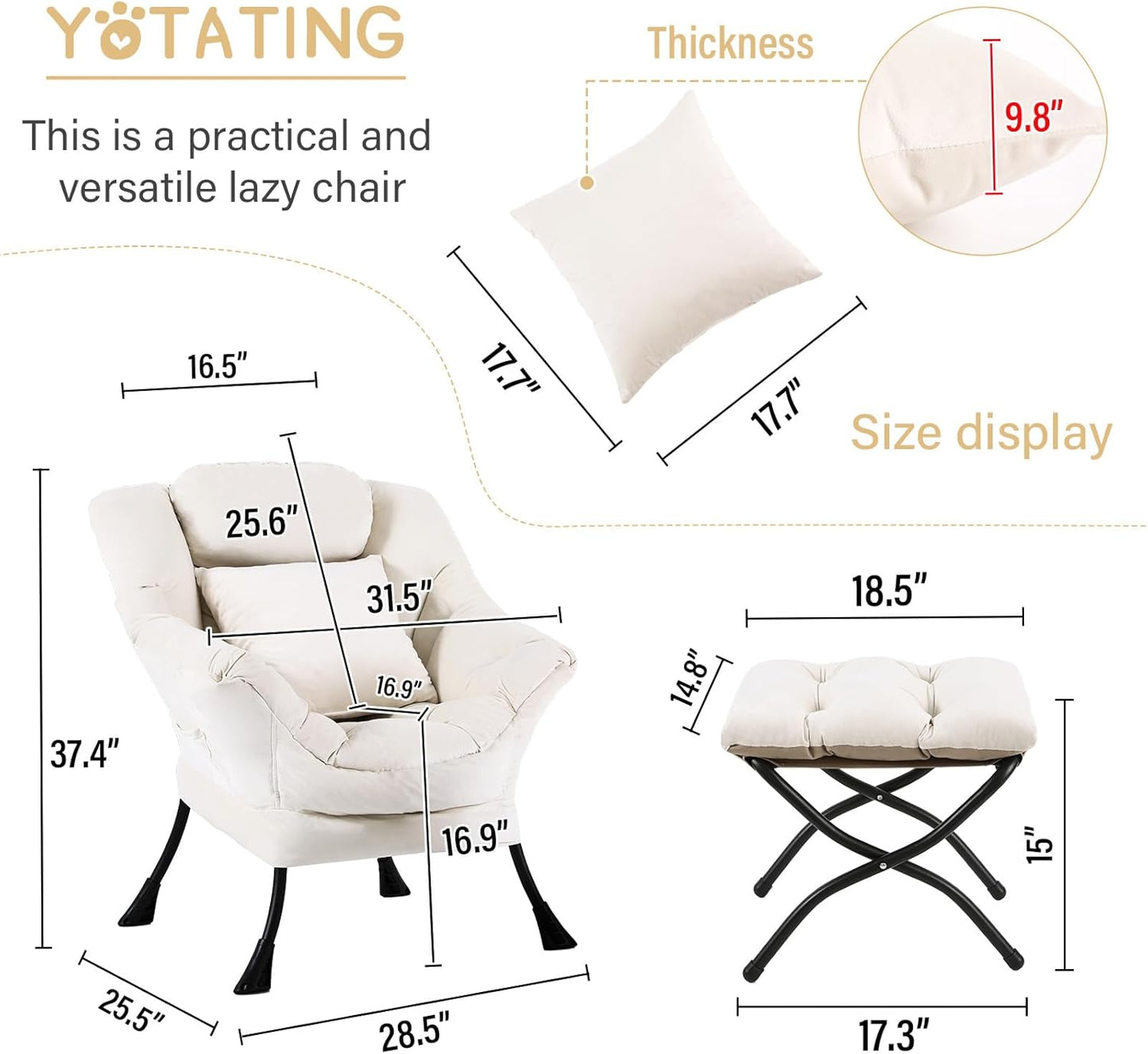 Lazy Chair with Ottoman, Comfy Reading Lounge Chair with Footstool & Throw Pillow Modern with Armrests & Side Pocket for Living Room, Bedroom, Dorm Room, Velvet Beige