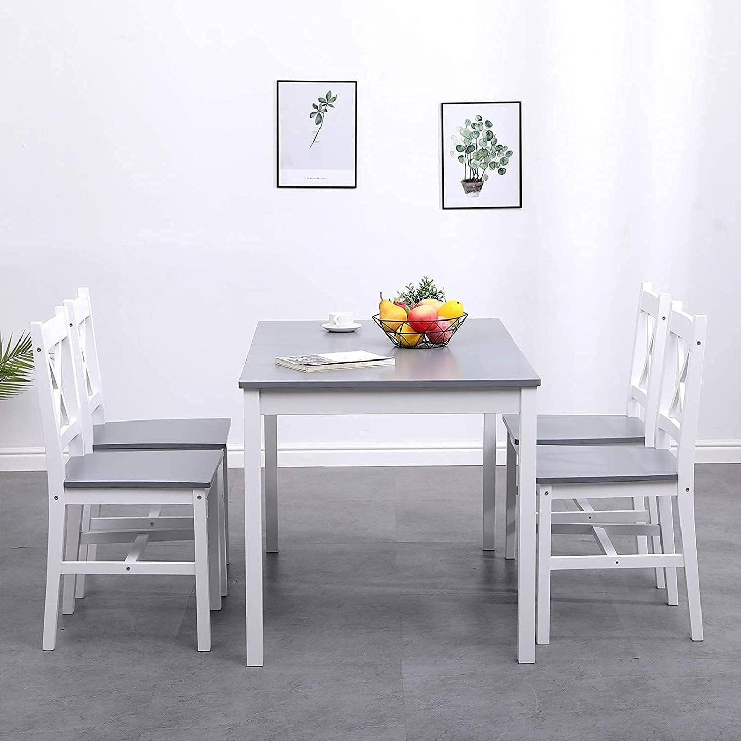 soges Dining Table Set for 4, 42.5 inch Pine Wood Dining Room Table with 4 Chairs, 5-Piece Kitchen Table Chairs Set for Small Space, Apartment, Dinette, Breakfast, White and Grey