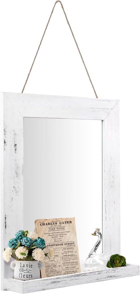 QDSSDECO 16"×20" Wall Mirror with Shelf Farmhouse Decor Rectangular Mirror Hanging for Bathroom, Vanity, Bedroom, Entryway, Living Room,White with Hemp Rope