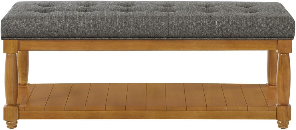 24KF Large Rectangular Upholstered Tufted Bed Bench, Linen Fabric Storage Ottoman Bench for Living Room, Padded Entryway Bench with Solid Wood Shelf,5098-Granite