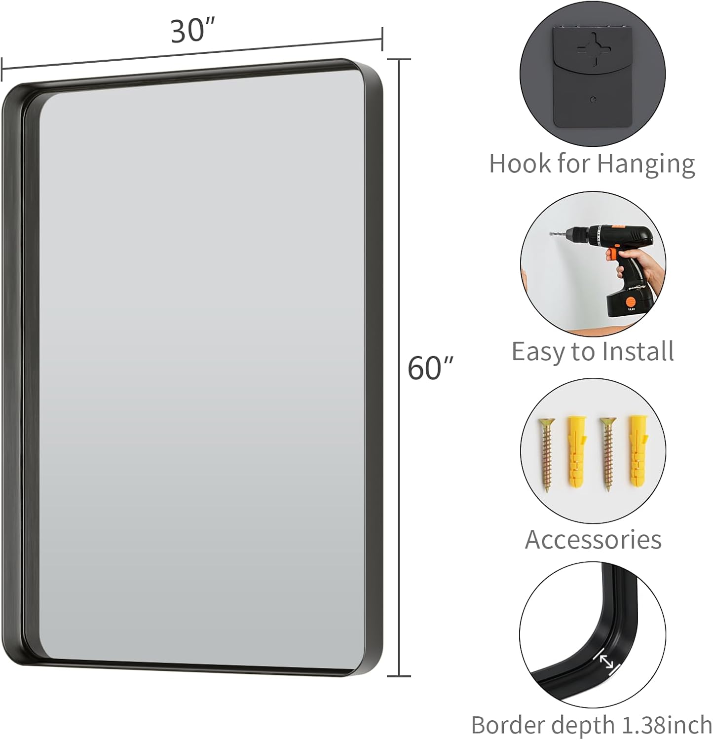 Koonmi Black Bathroom Mirror for Wall, 30x60 Inch Matte Metal Deep Framed Rounded Corner Wall Mirror, Shatterproof Tempered Glass for Farmhouse Bedroom Entryway, Vertically or Horizontally