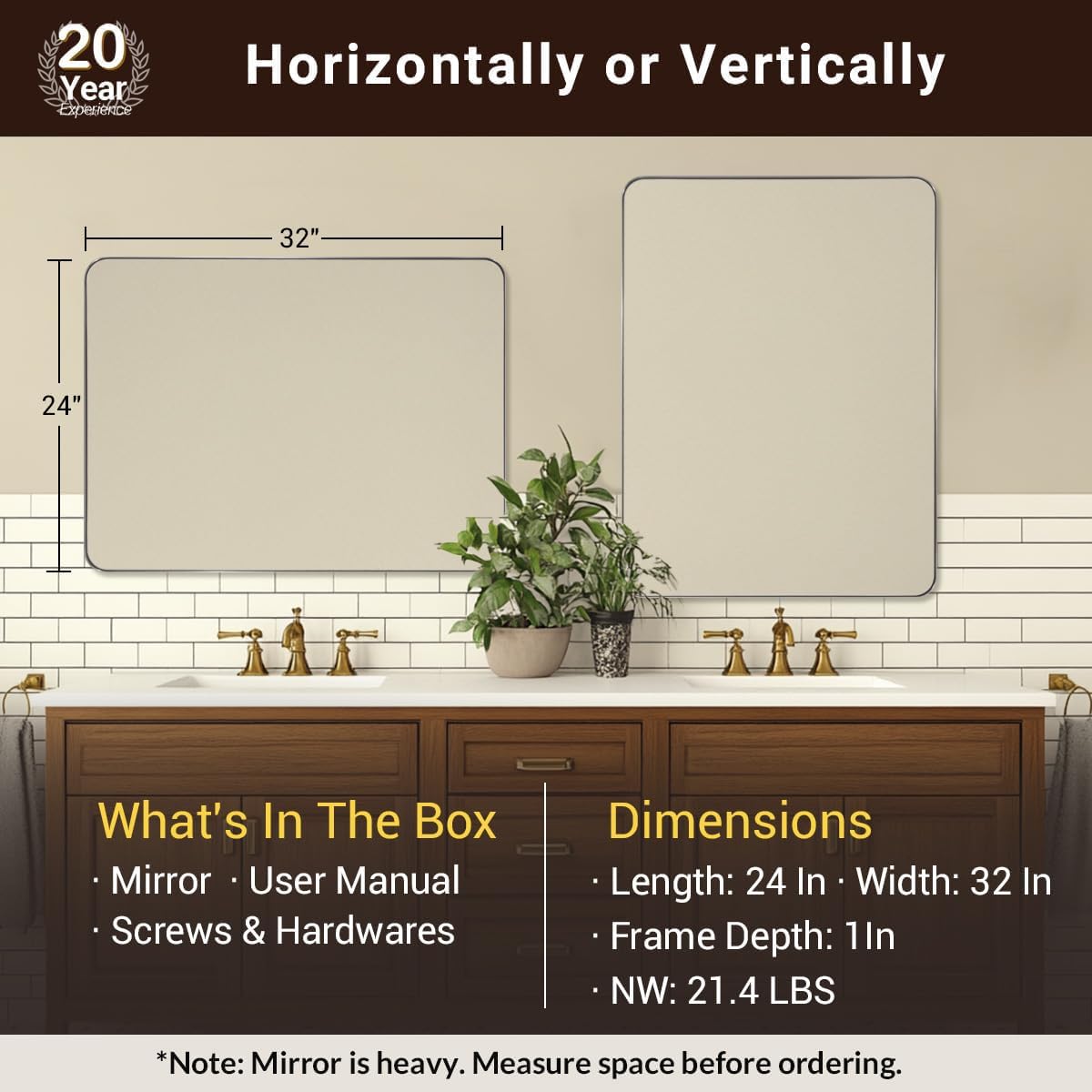 ANDY STAR Chrome Bathroom Mirrors for Over Sink, 24x32 Inch Polished Silver Mirror for Wall, Rectangular Metal Framed Vanity Mirror -Modern Clean Design with Superior Stainless Steel Frame