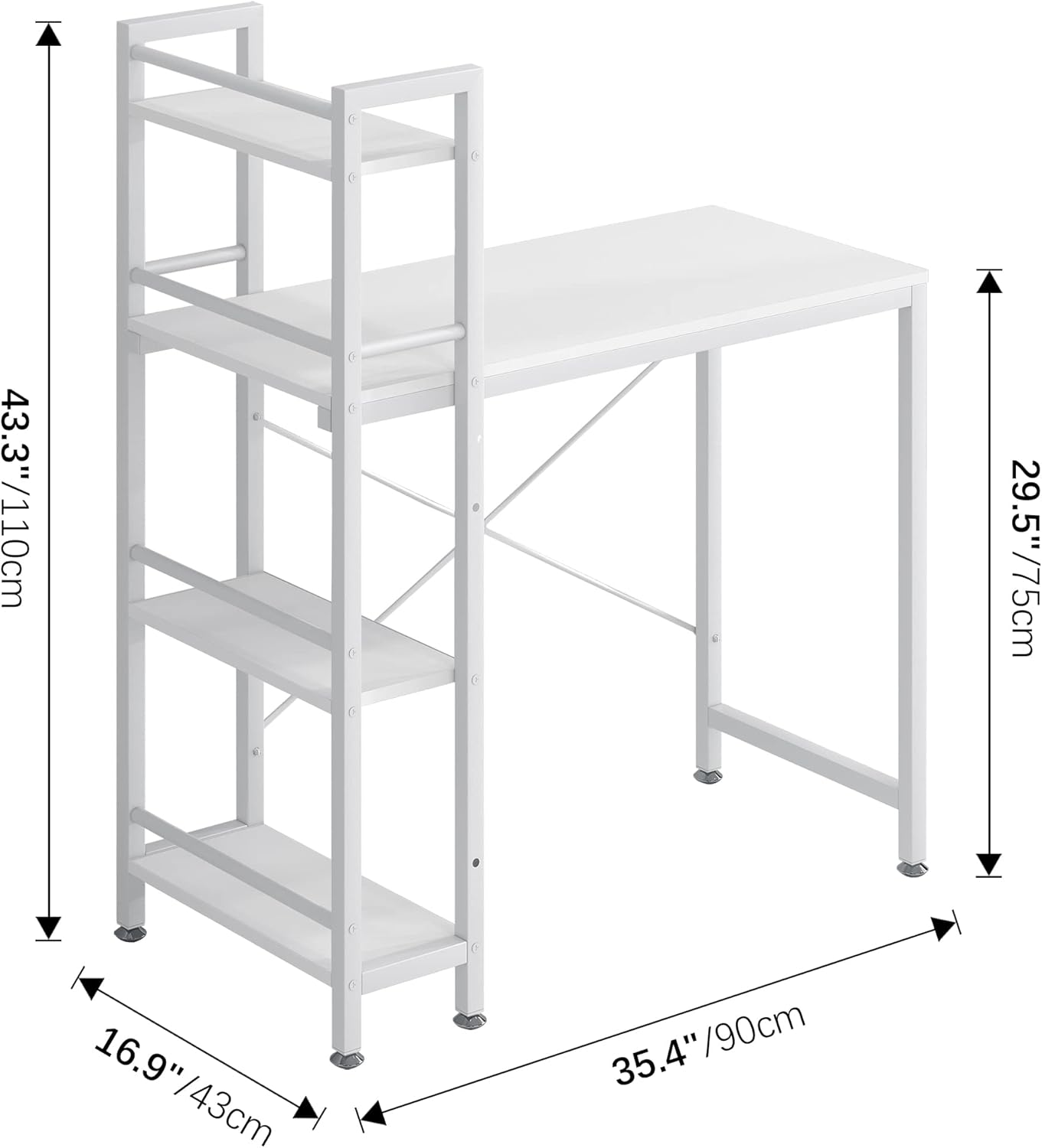 4NM 35" Small Computer Desk with 4-Tier Bookshelf, Home Office Desk Writing Workstation Study Table Multipurpose for Small Space Work - All White