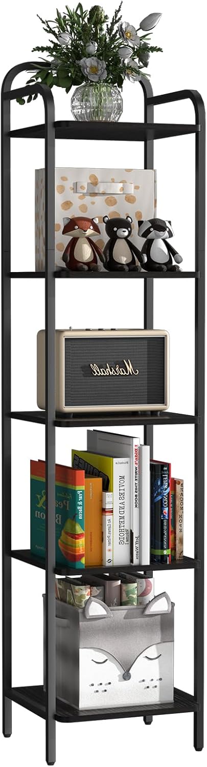 Book Shelf, 5 Tier Bookshelf, Bookcase with 5 Shelves, Storage Rack Organizer, Corner Wood Storage Shelf with Metal Frame for Bedroom, Living Room, Black