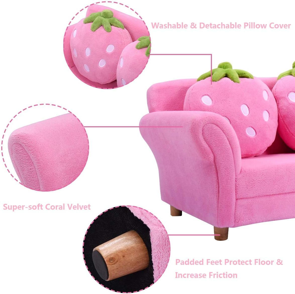 Costzon Kids Couch, Double Seat Pink Children's Sofa with 2 Strawberry Pillows, Toddler Armrest Chair for Bedroom, Living Room, Large Soft for Kids Loveseat Toy for Baby Girls Preschool Gifts Presents