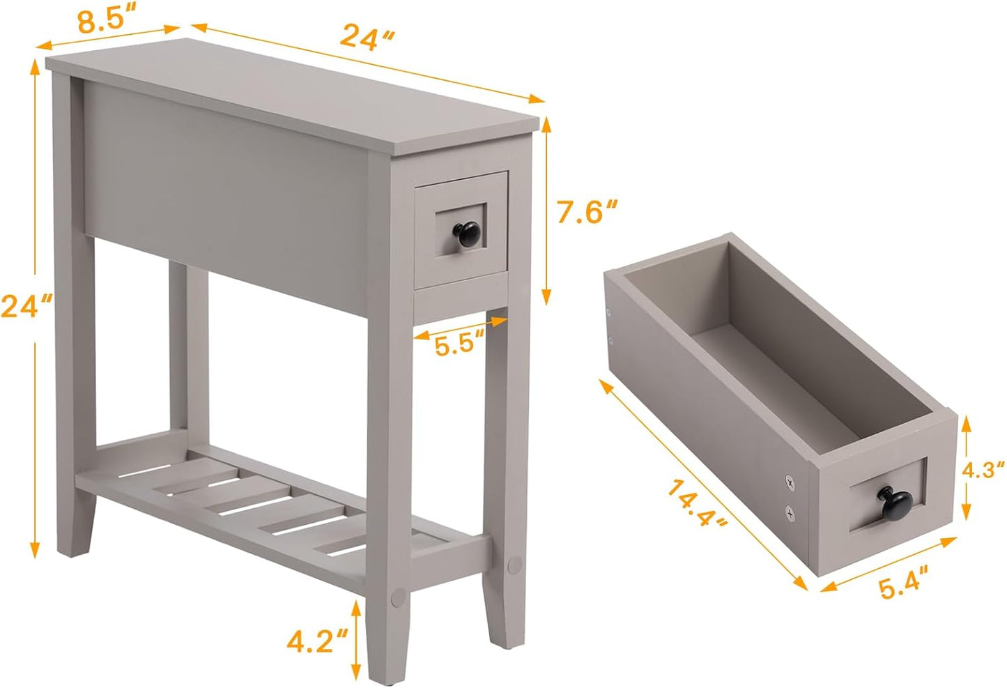 Gery 2 Pack Chairside Narrow End Table with Drawer, Solid Recliner Side Table with Storage Shelf, Slim Nightstand Bedside Table for Bedroom